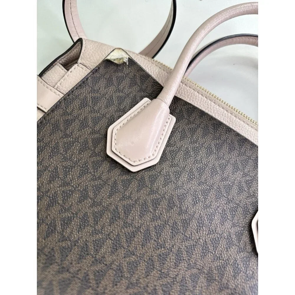 Michael Kors Mercer Medium Duffel Satchel Light Pink Stripe Leather Bag